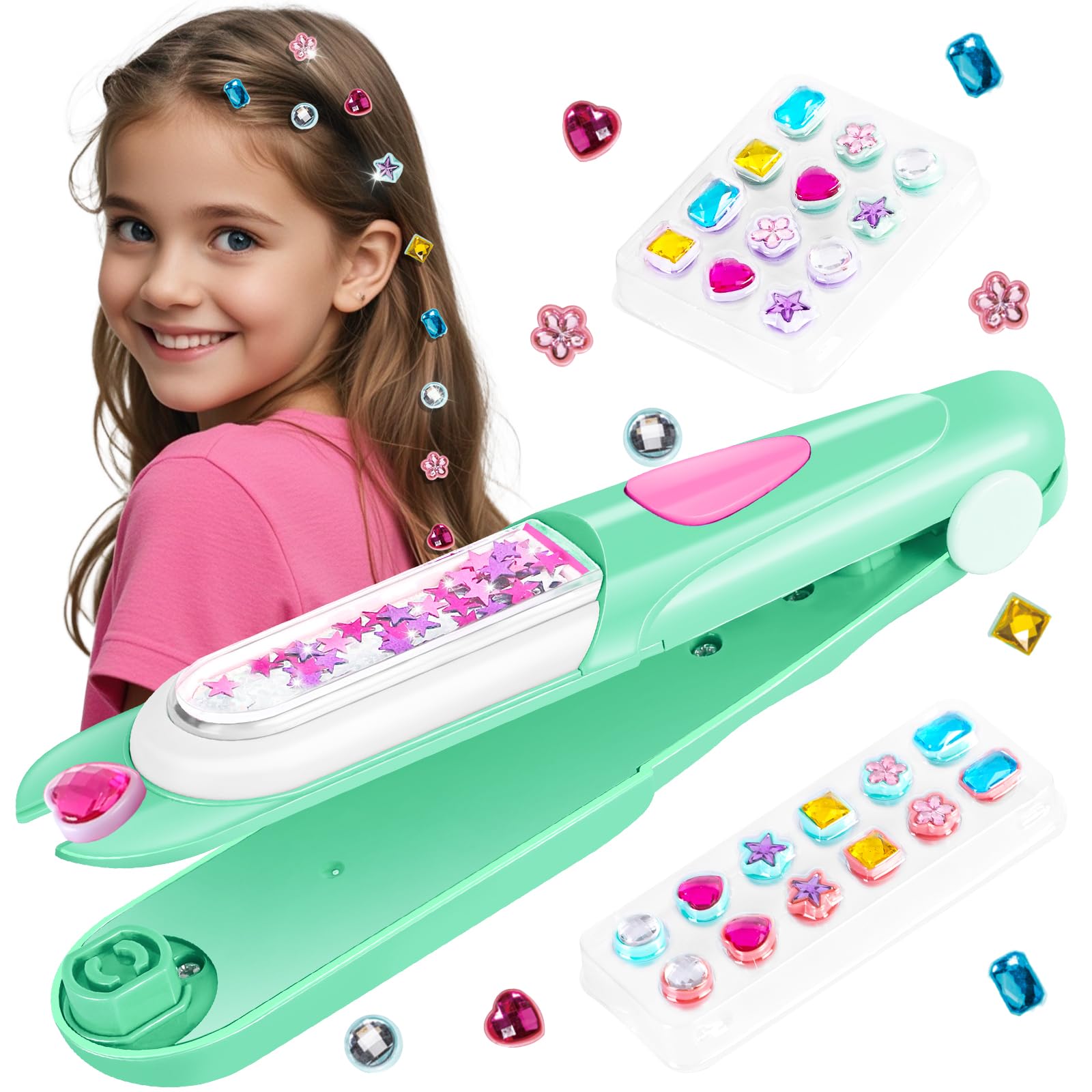 Kidzkube hair gem stamper kit green front view for easy at-home sparkle