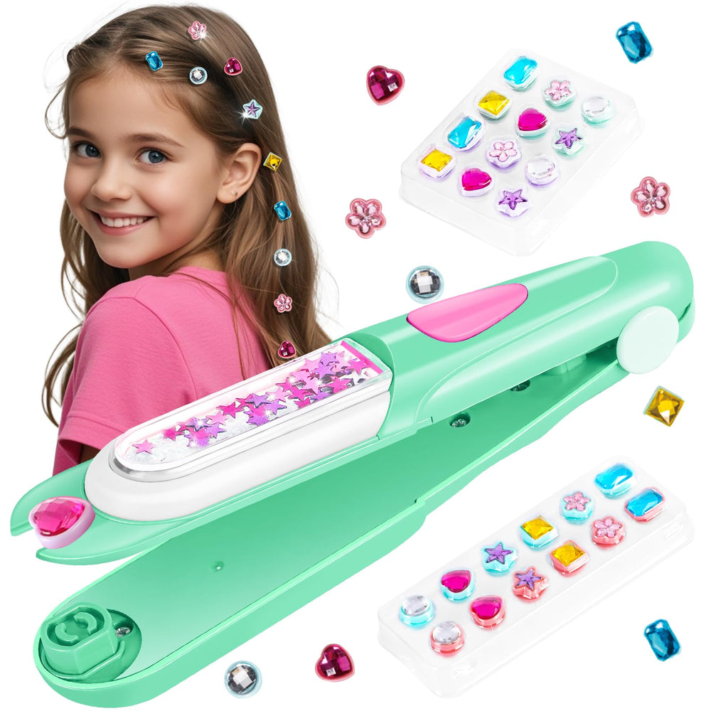 Kidzkube hair gem stamper kit green front view for easy at-home sparkle