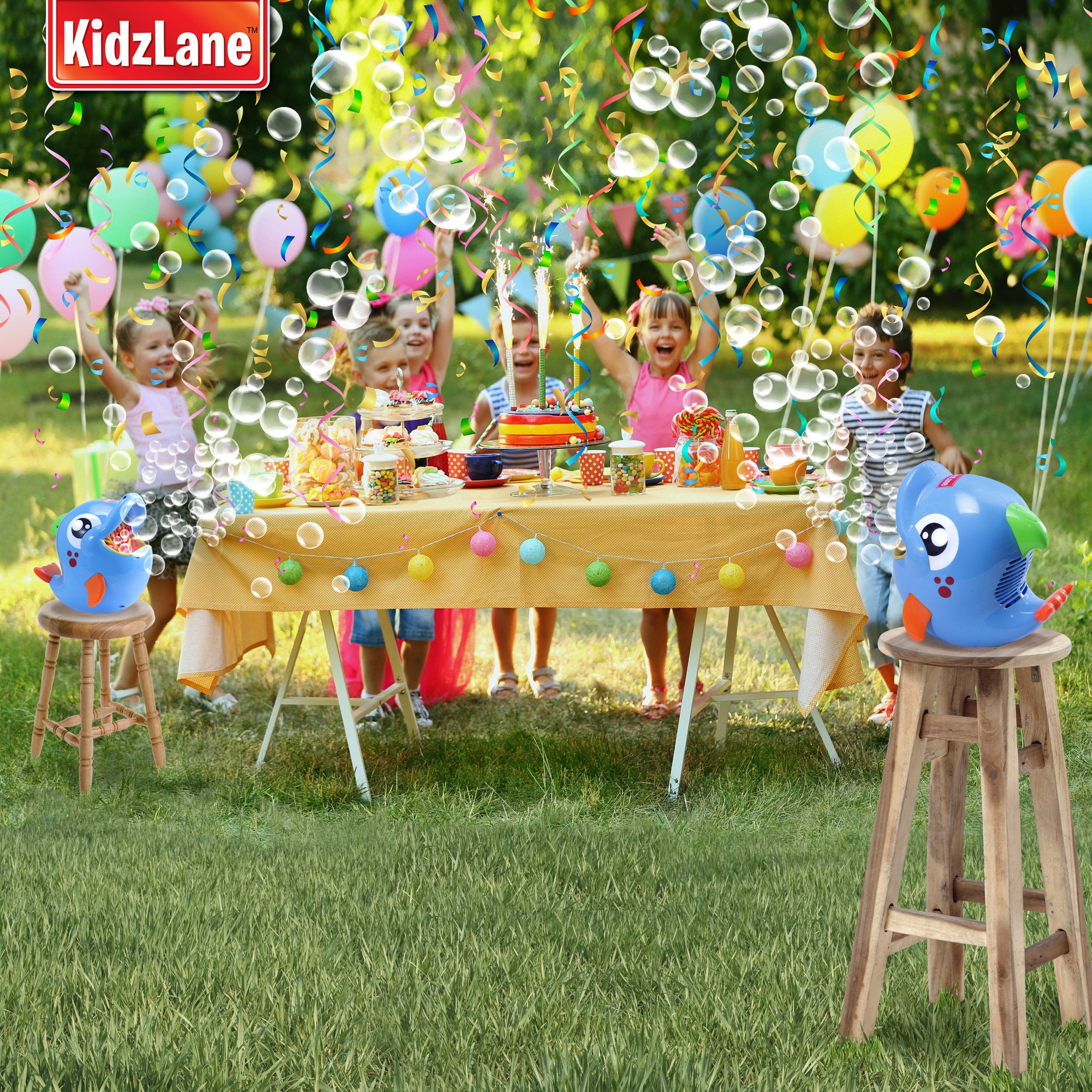 Kidzlane Bubble Dolphin with eight wands delivering high-volume bubble bursts