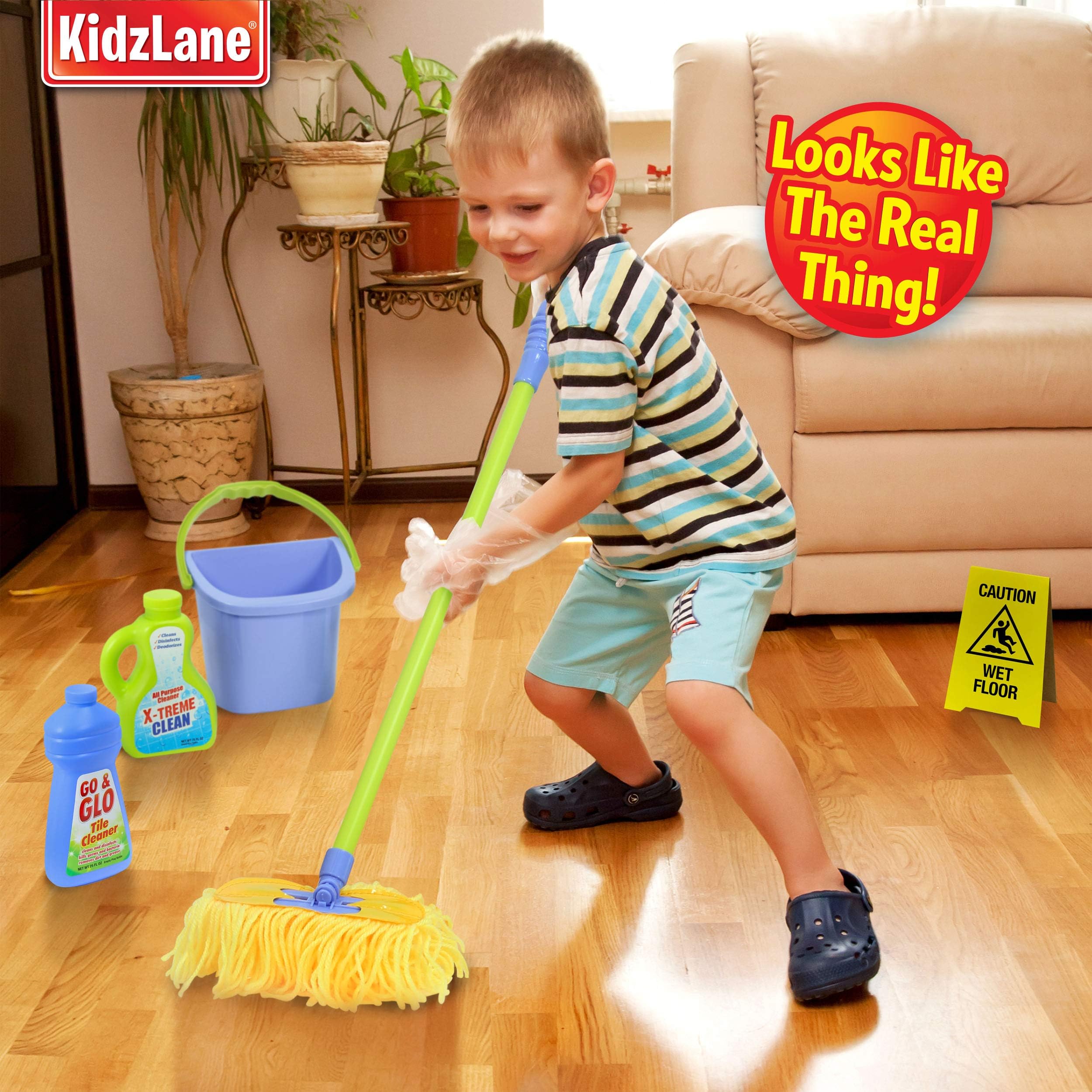 Kidzlane realistic mop used in pretend chores to foster coordination.