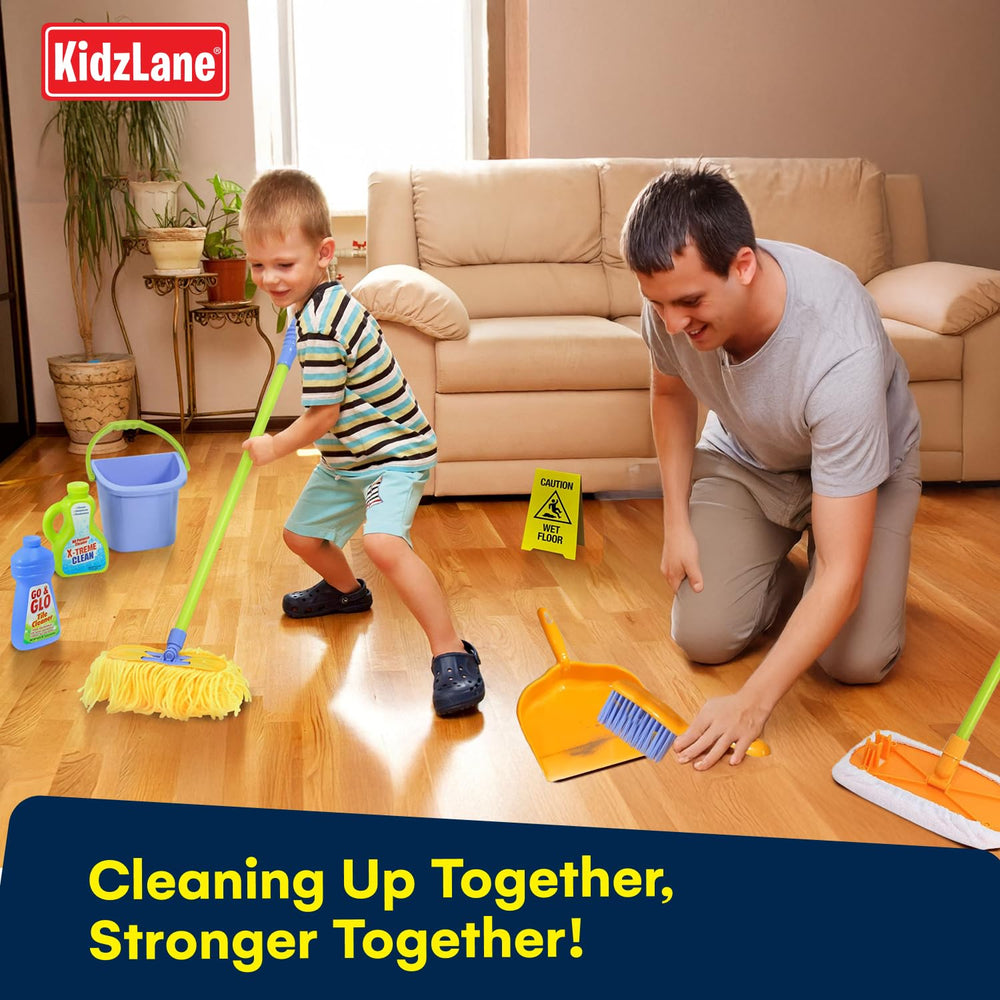 Kidzlane wet floor sign teaches safety cues in pretend cleaning activities.