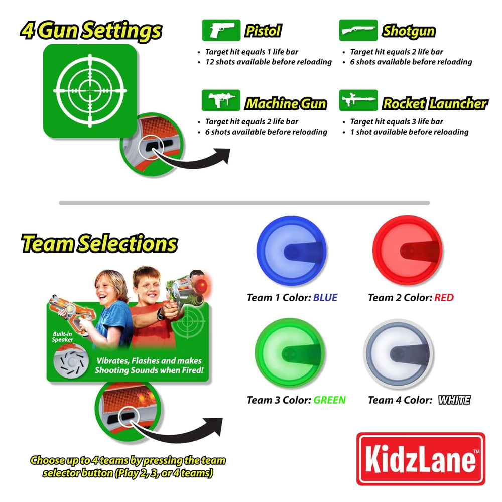 Kidzlane laser tag settings display close-up for modes.