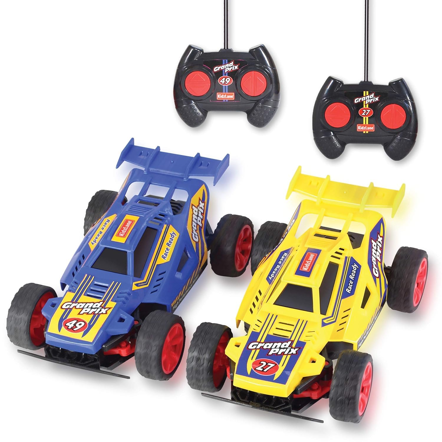 Kidzlane RC cars duo front view ready to race indoors or outdoors