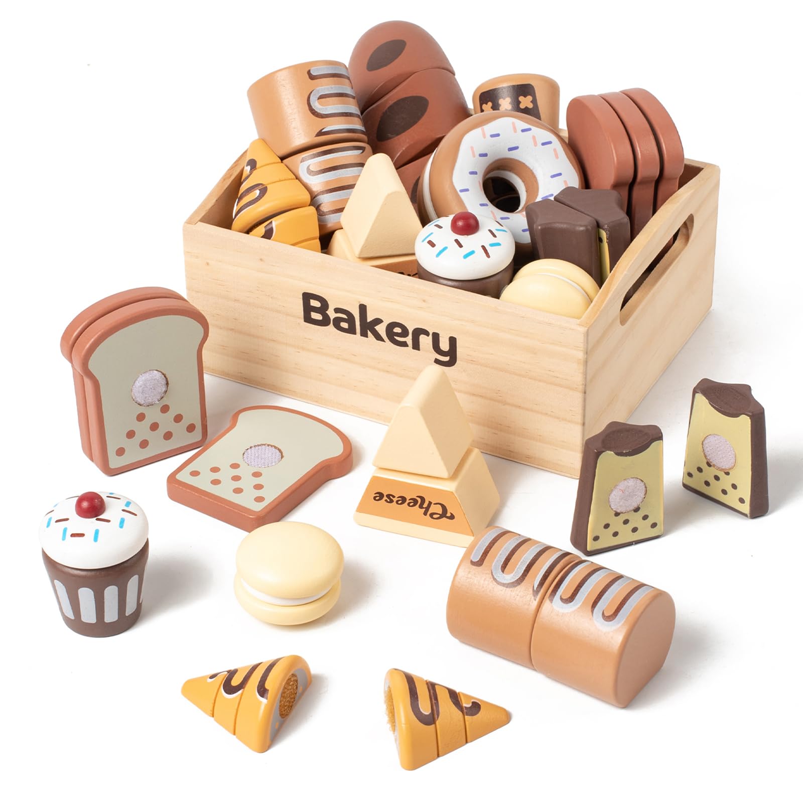 Kienvy bakery wooden doughnut for imaginative pretend play and fine motor practice.