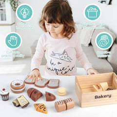 Kienvy wooden muffin toy designed for storytelling and hand-eye coordination during pretend meals.
