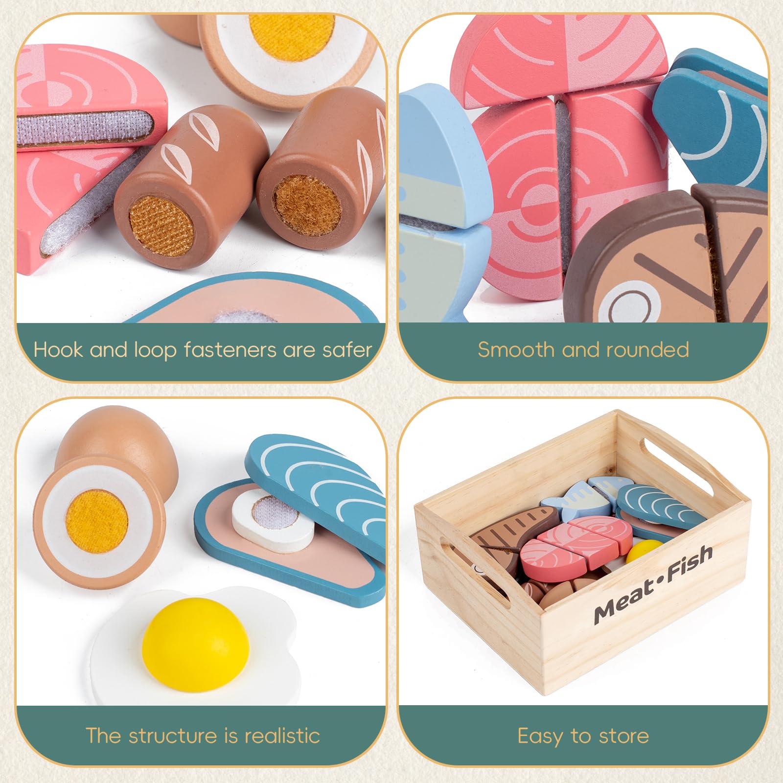 Kienvy bacon strip wooden play food for sizzling scene-building and hand-eye coordination.