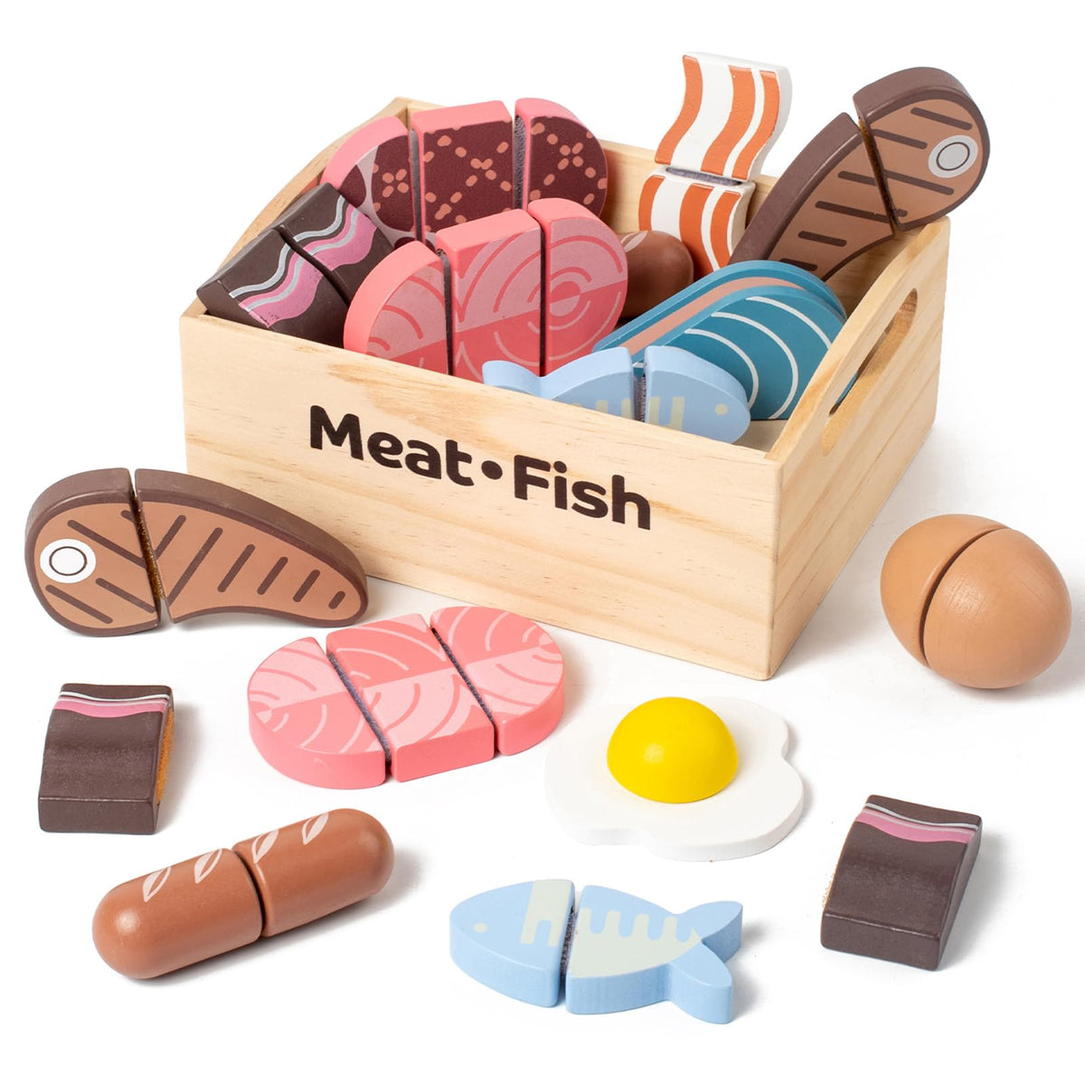 Kienvy pork chop wooden play food for realistic pretend meals and fine motor play.