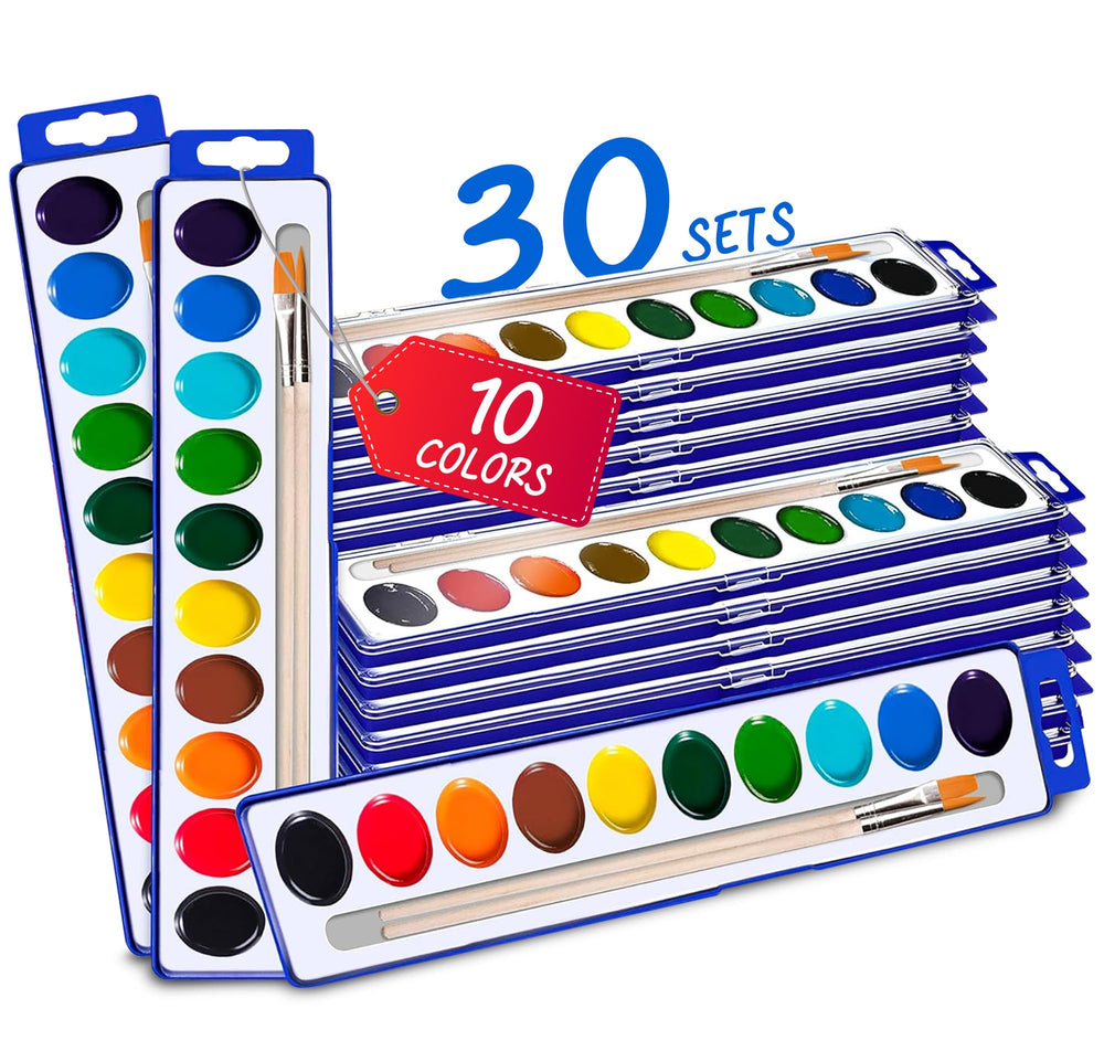 Kiggos watercolor palette with 10 colors in front view for vibrant kid art sessions.