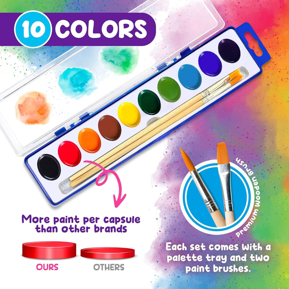 Kiggos watercolor palette swatches showing 10 vivid hues for color mixing.
