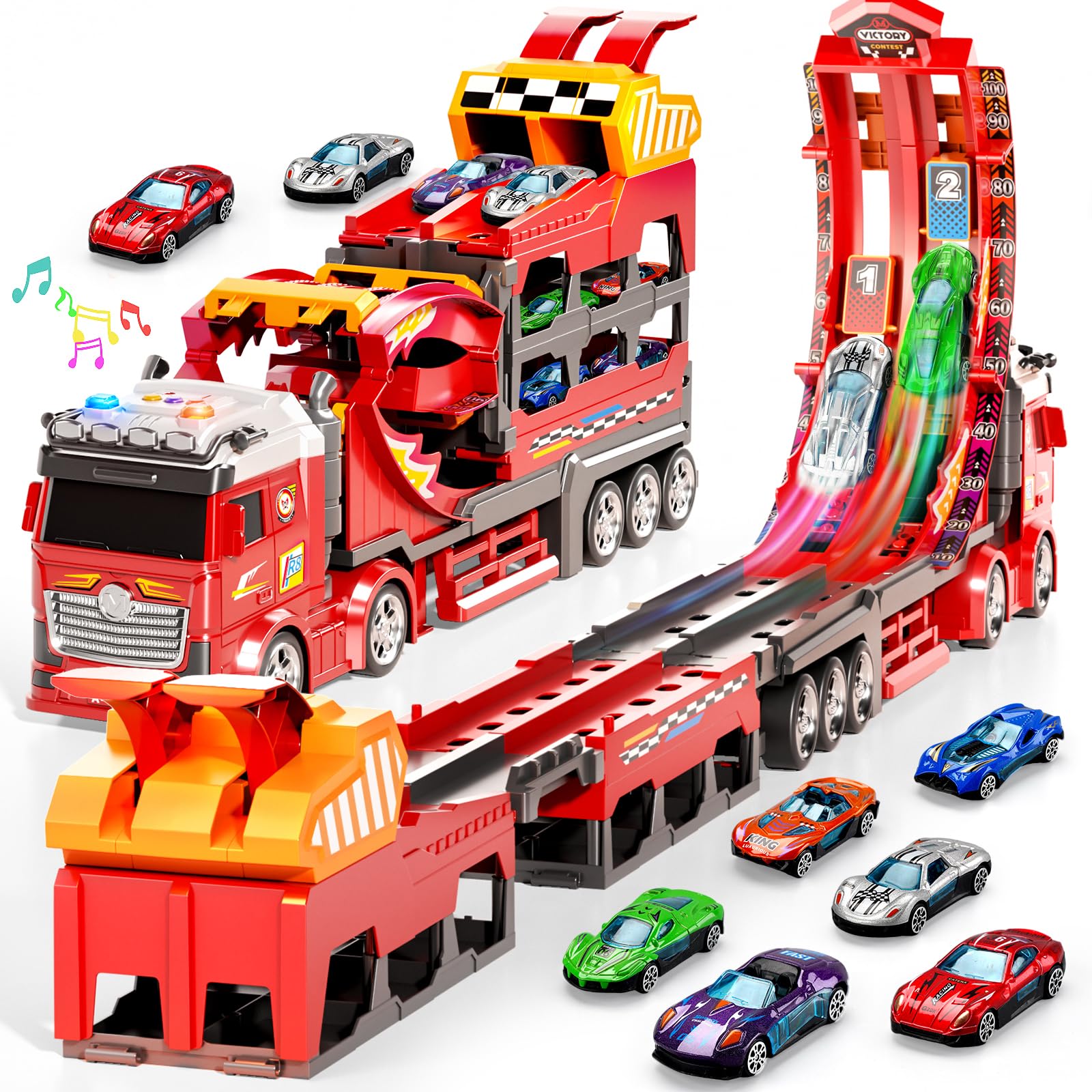 Kigwux car carrier truck with foldable race track for dynamic play