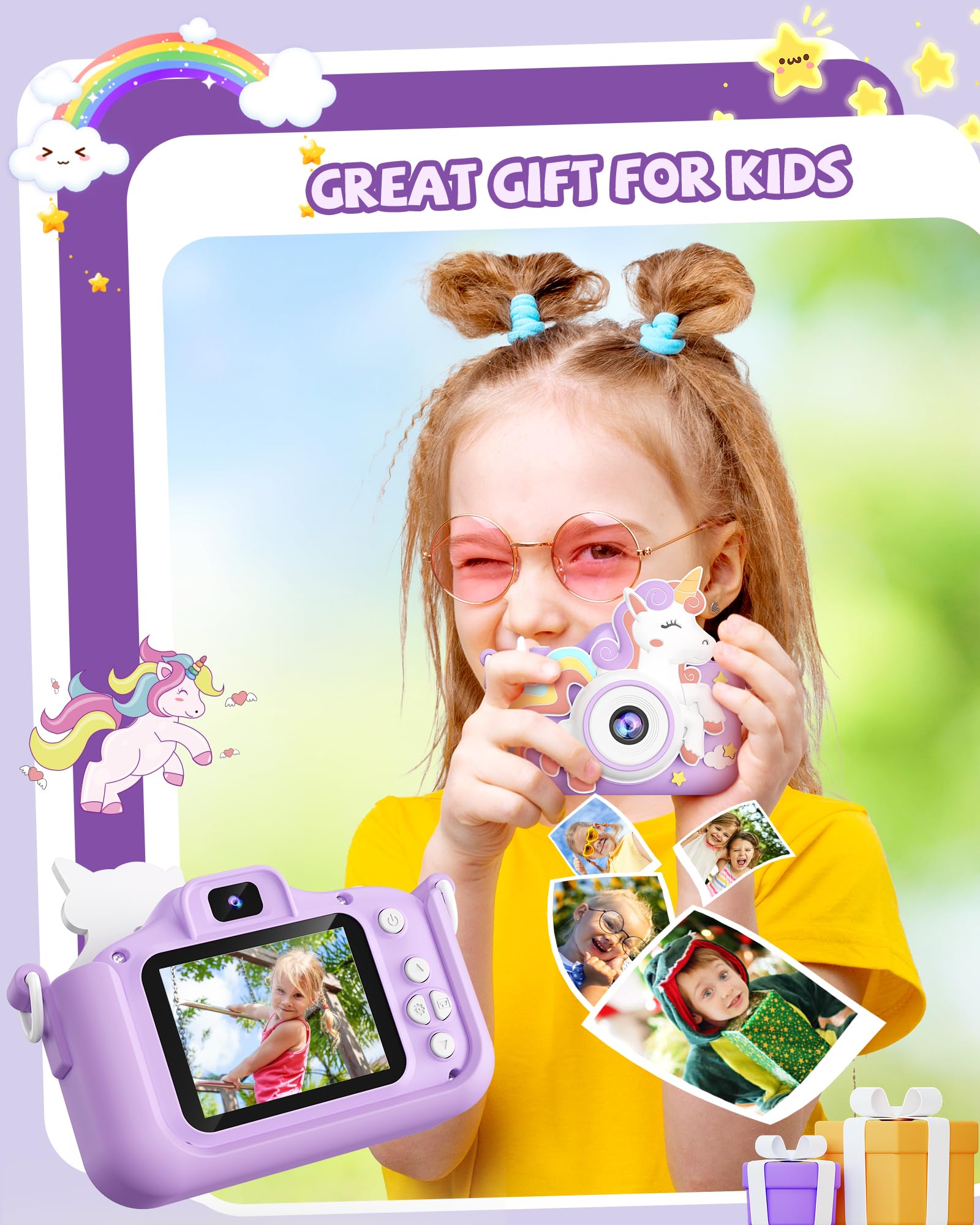 Kikapabi Kids Camera unicorn cover protects the device during play.