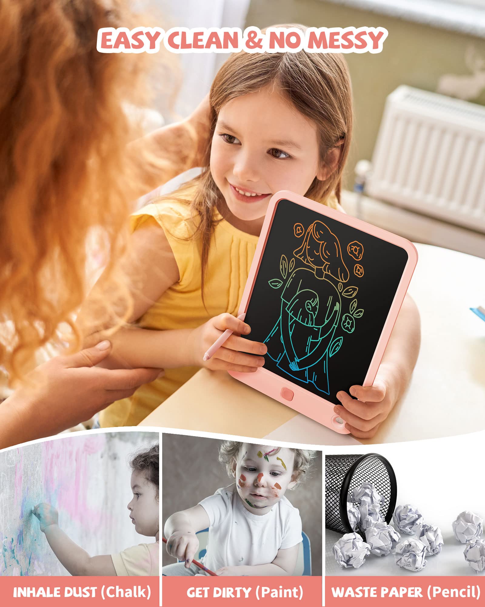 Kikapabi kids drawing on pink doodle board, mess-free fun.