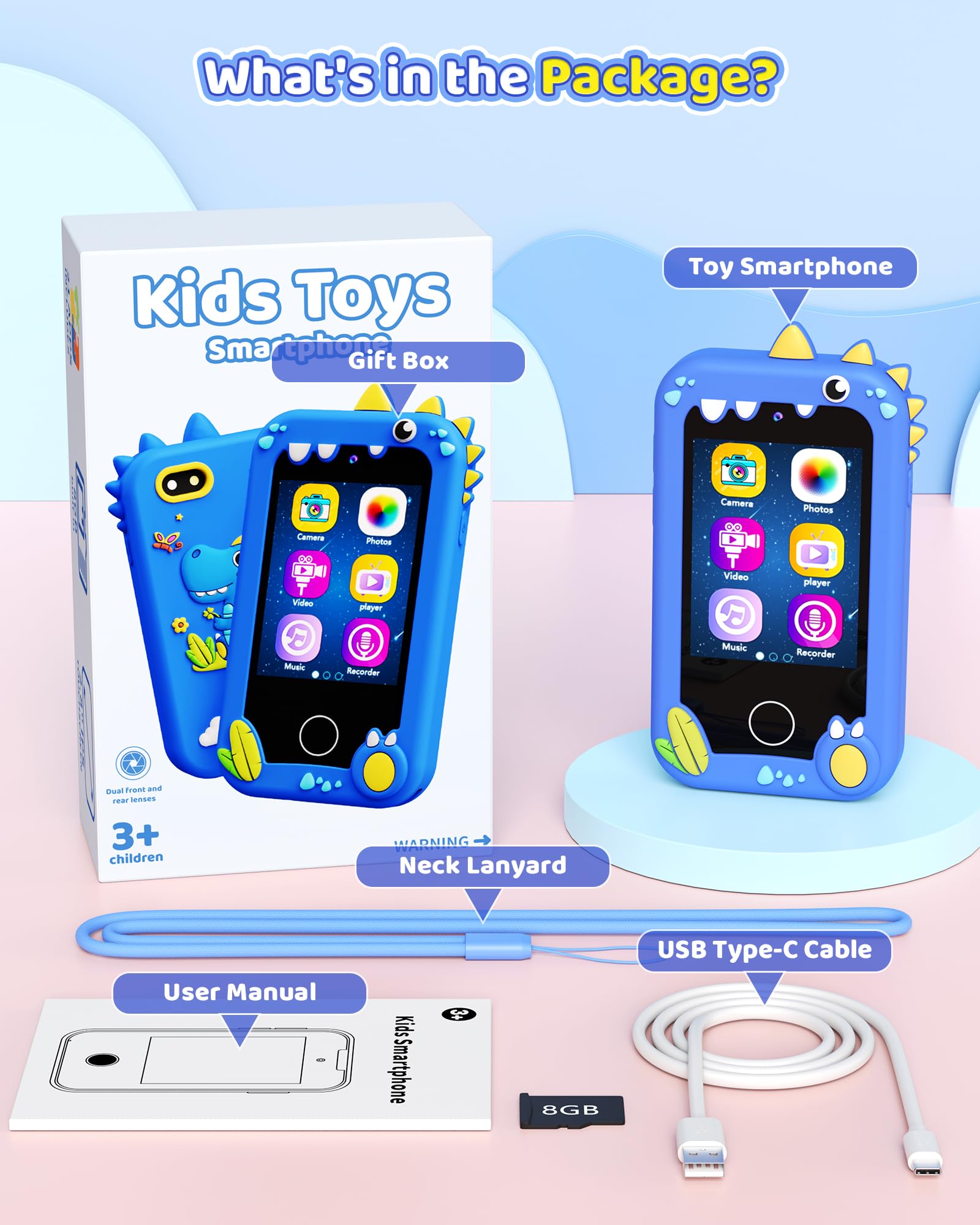Kikapabi Kids Smart Phone blue long lasting 600mAh battery provides hours of use