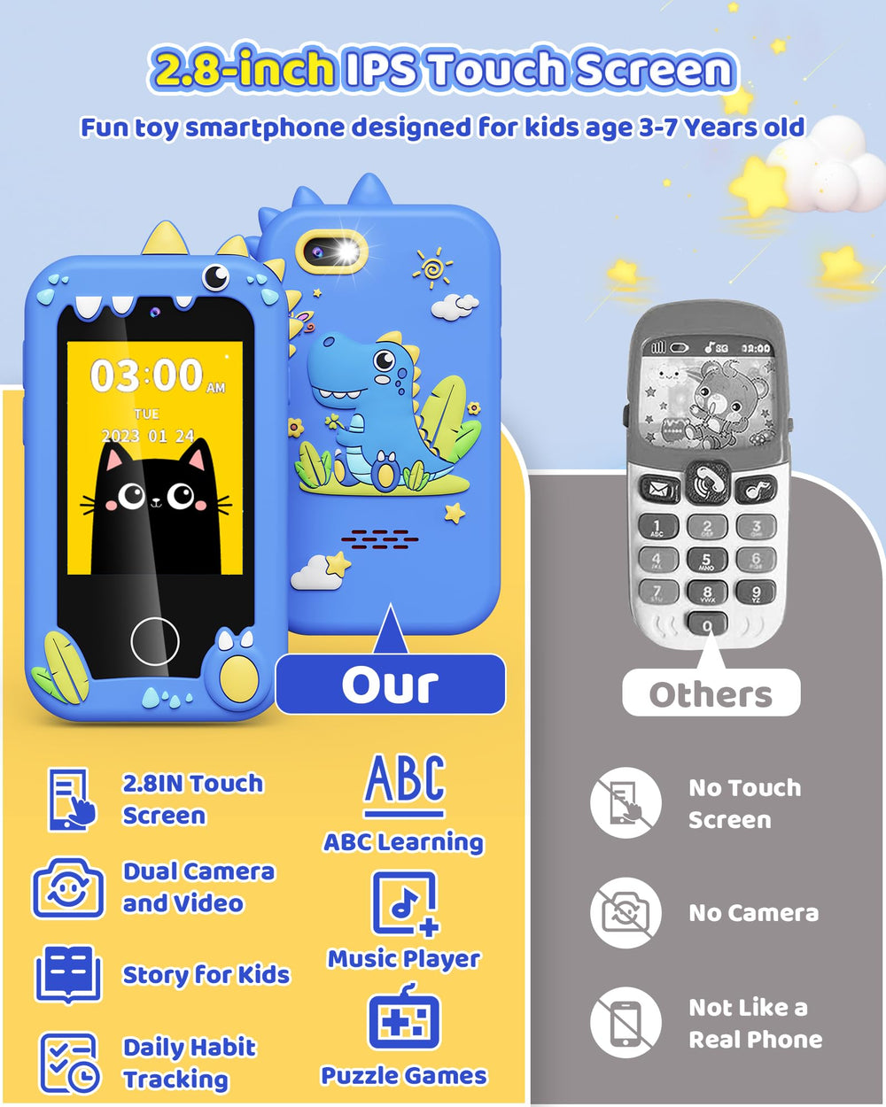 Kikapabi Kids Smart Phone blue MP3 player supports kid friendly stories and music
