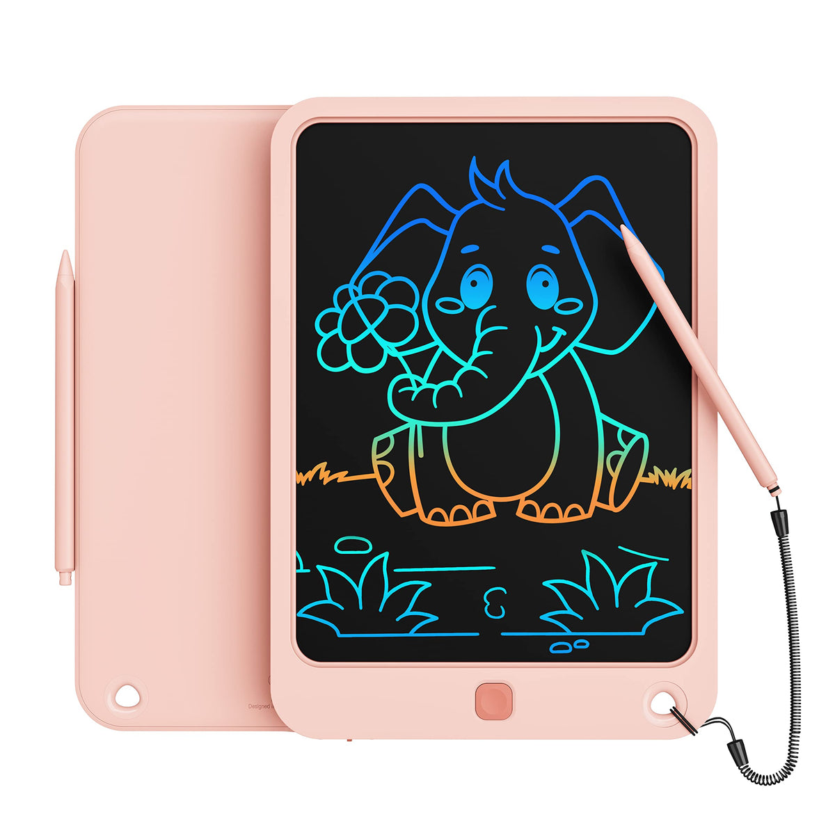Kikapabi LCD writing tablet 10-inch pink front view for kids, ideal for playful learning sessions.