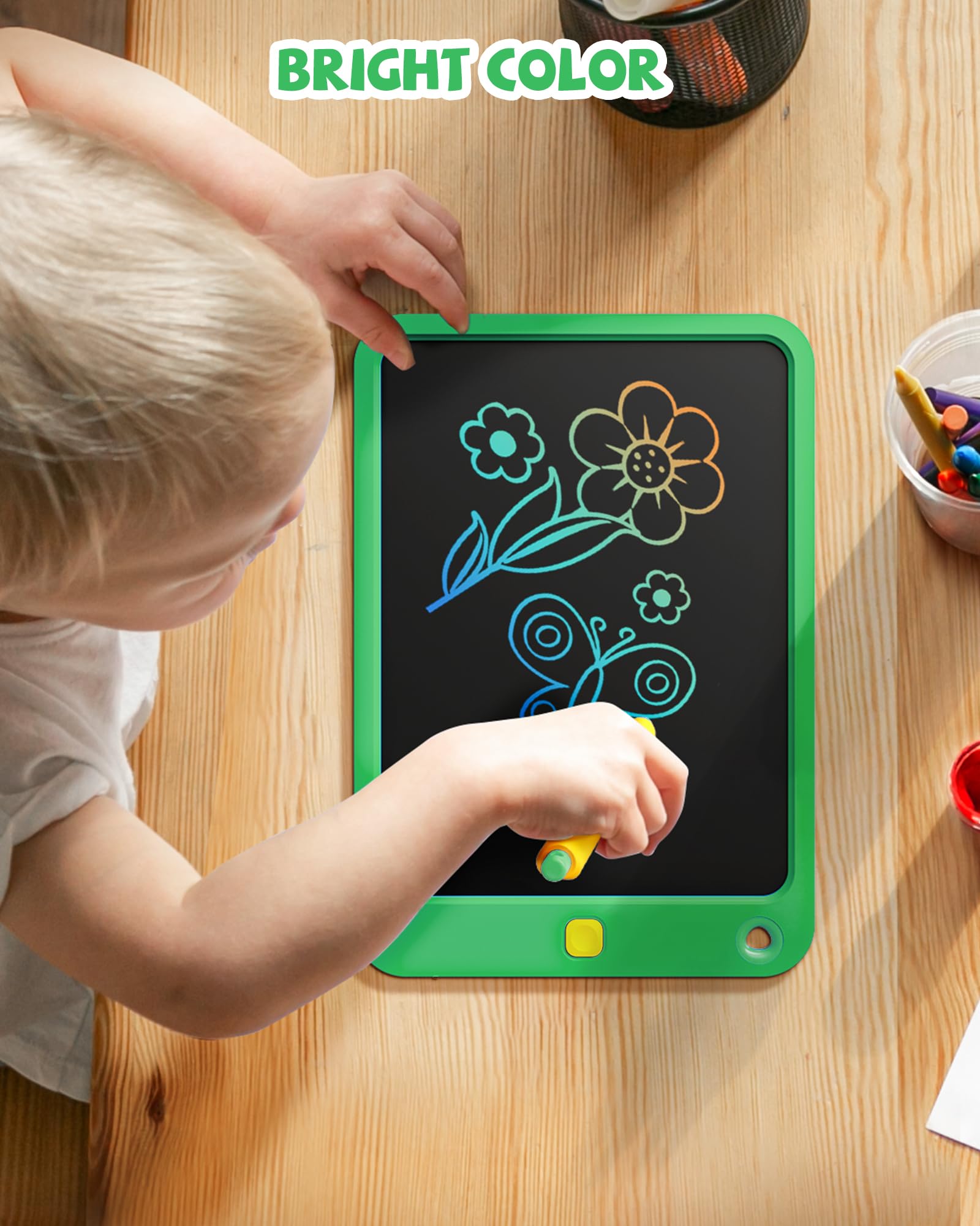 Kikapabi LCD writing tablet 10-inch side view highlighting its slim, portable profile.