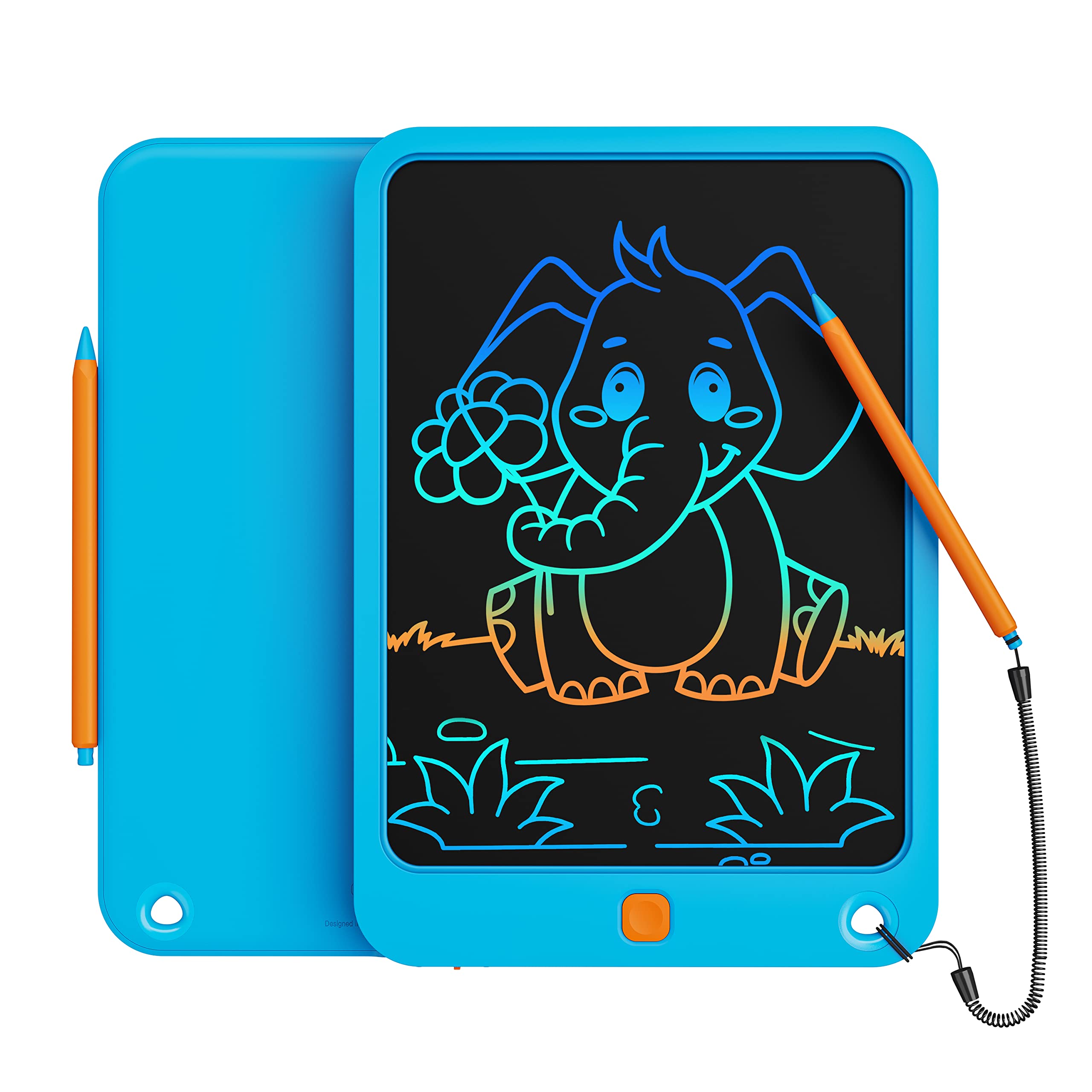 Kikapabi LCD writing tablet ten-inch blue front view for mess-free doodling.