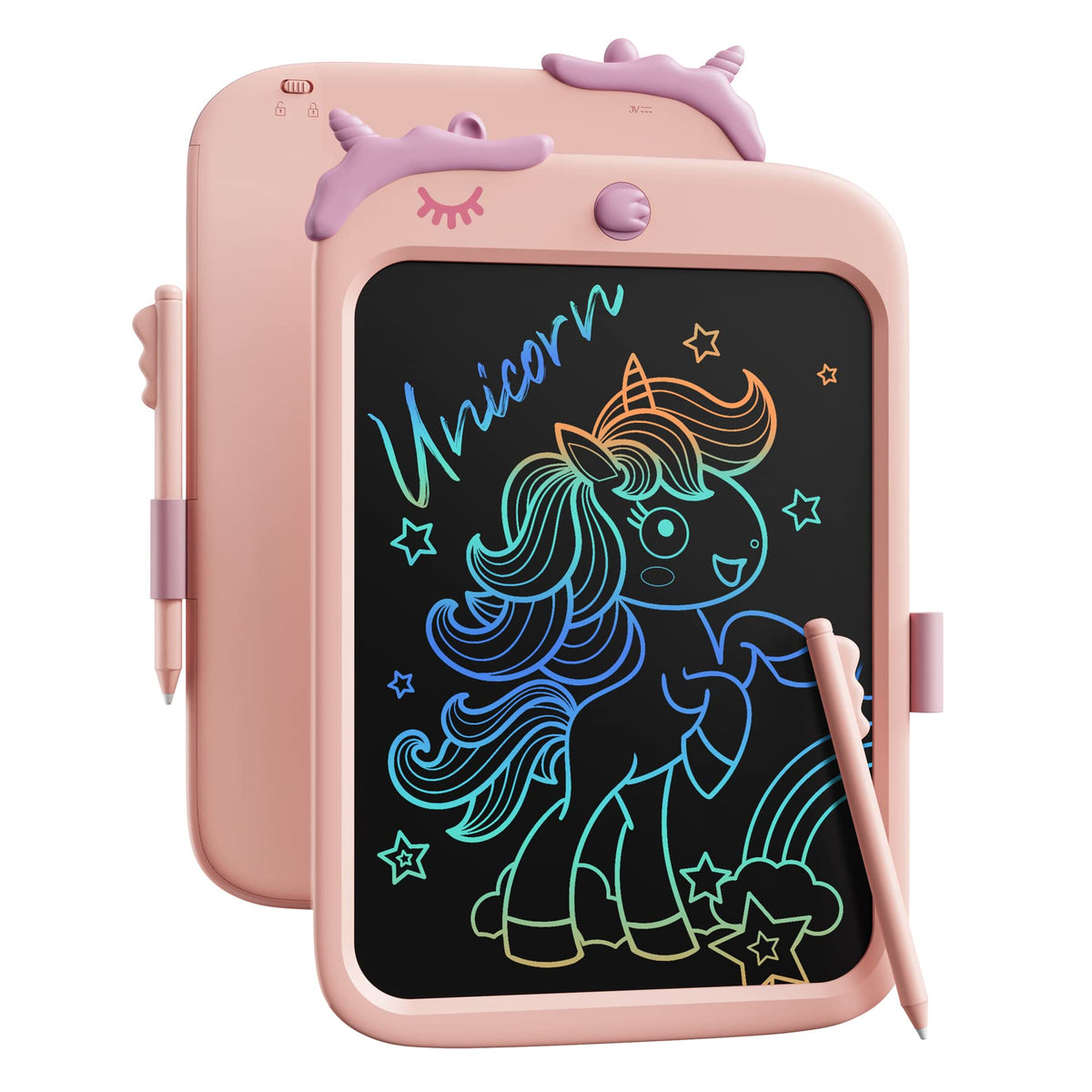Kikapabi unicorn 10-inch writing tablet front view for kids doodling on the go
