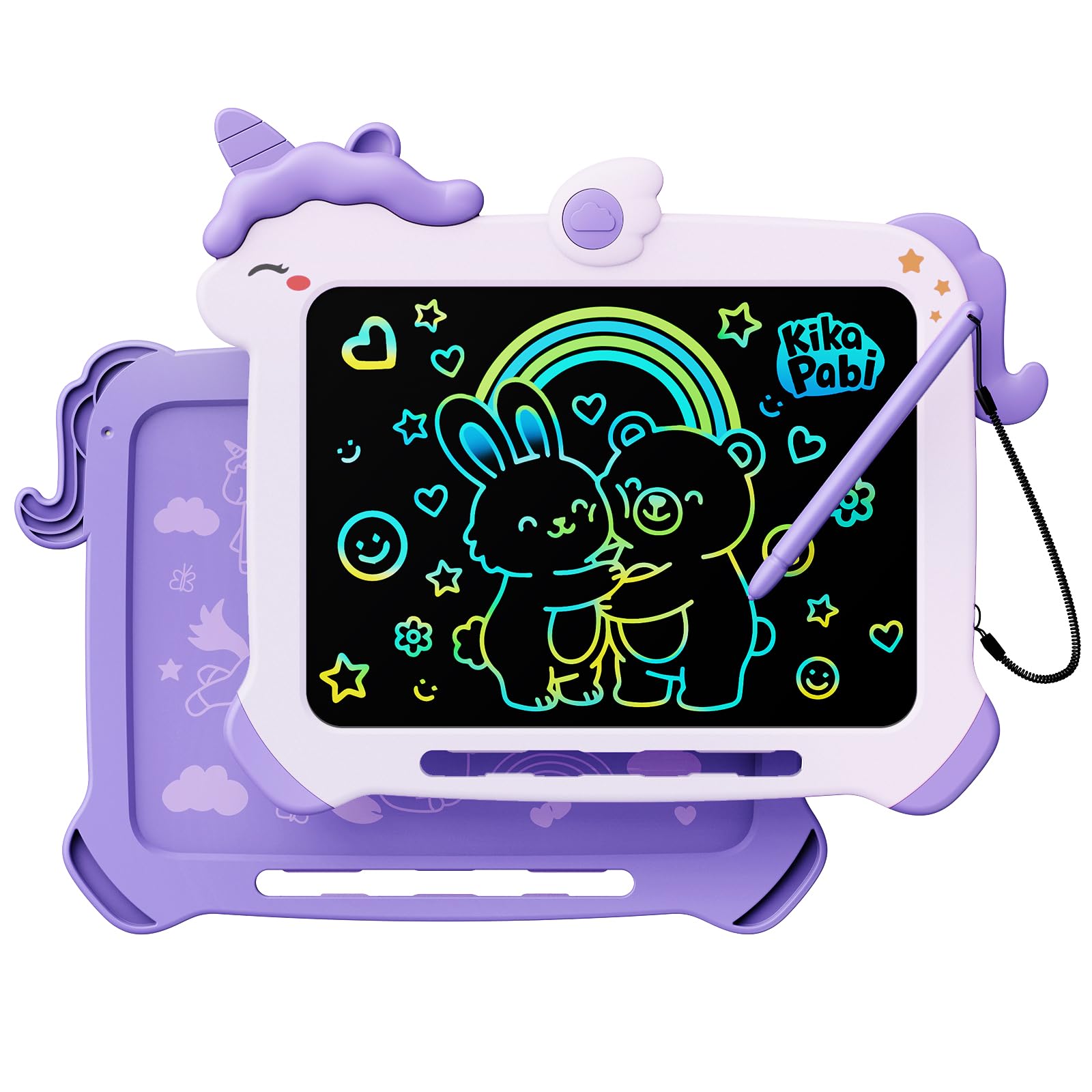 Kikapabi unicorn LCD drawing board front view for mess-free creativity.
