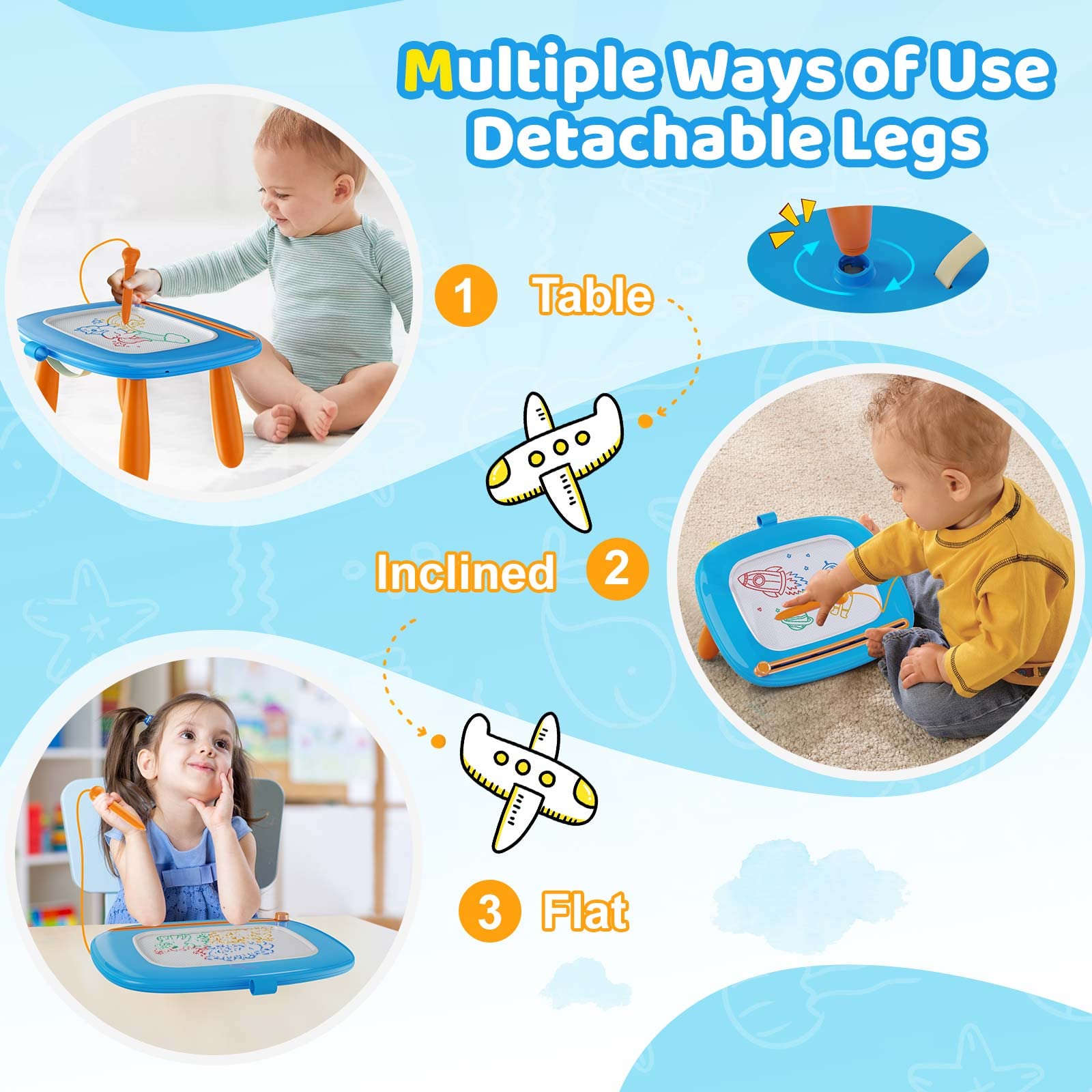 Kikidex drawing board with adjustable-height legs for growing kids.