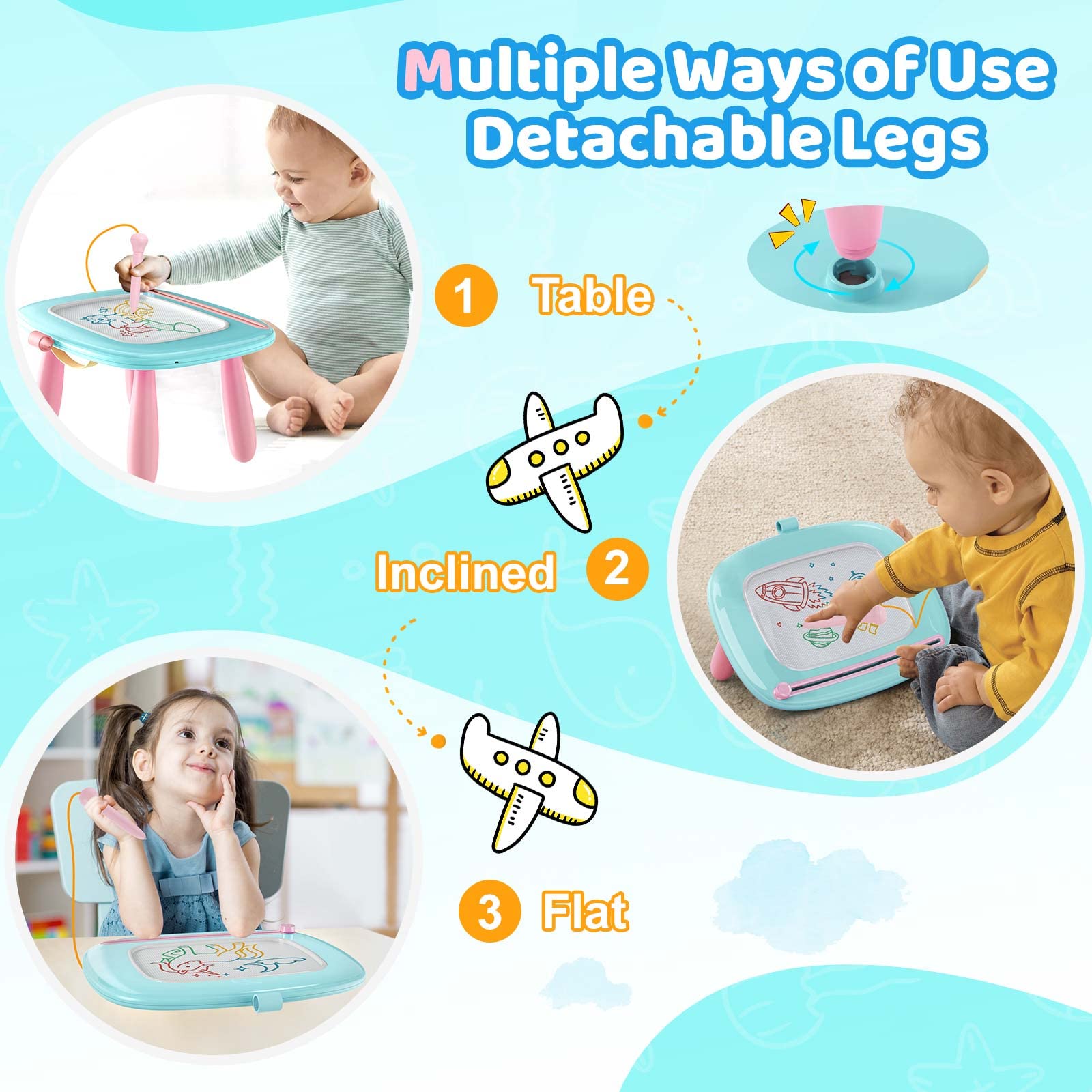 Kikidex toddler art board mint blue with detachable legs for height options