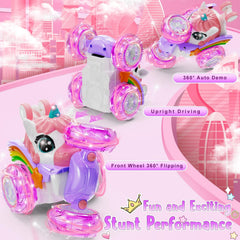 Kikikid unicorn RC car conquers sand, mud, grass, and carpet terrains.