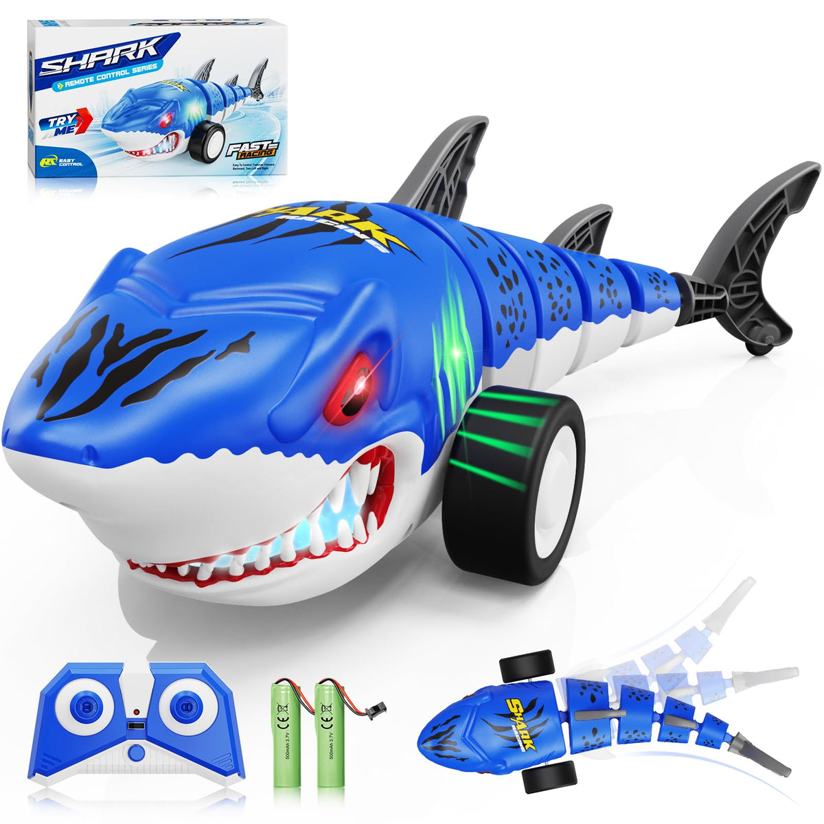 Kikikid RC shark with glowing eyes enhances immersive play indoors.