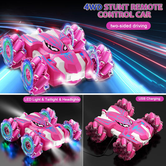 Kikikid RC car side view highlighting double-sided stunt design