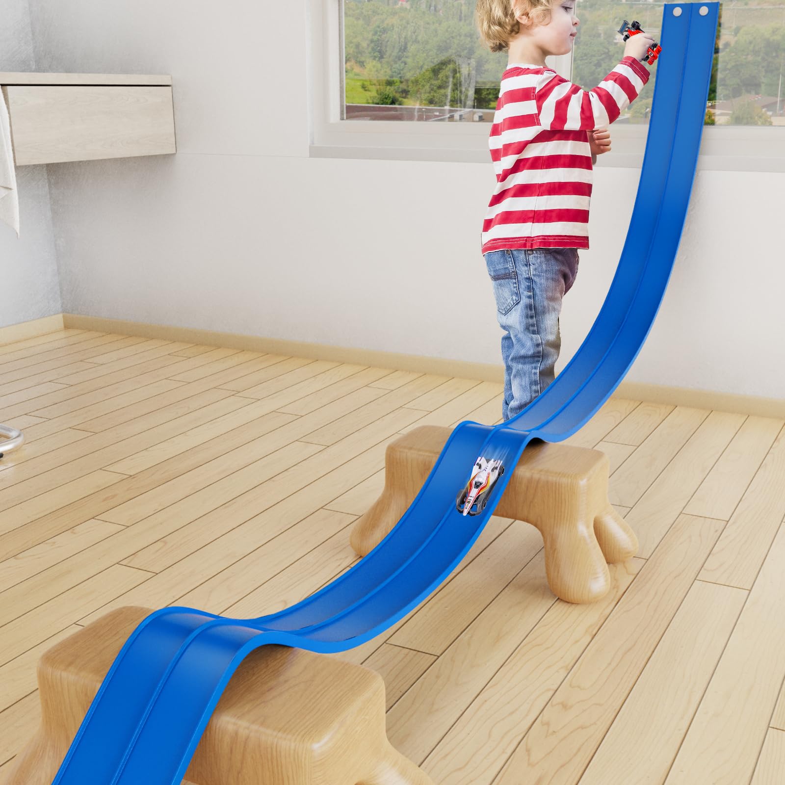 Kikikid suction cups securing the track to glass or tiles for quick setup
