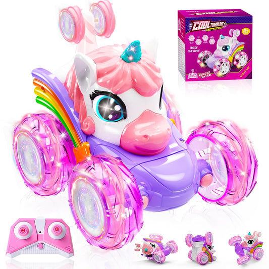 Kikikid Unicorn RC car with 360° rotation for dynamic stunts indoors or outdoors.