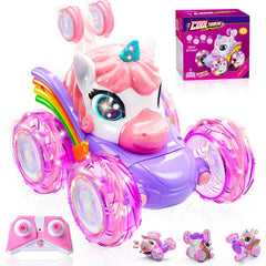 Kikikid Unicorn RC car with 360° rotation for dynamic stunts indoors or outdoors.