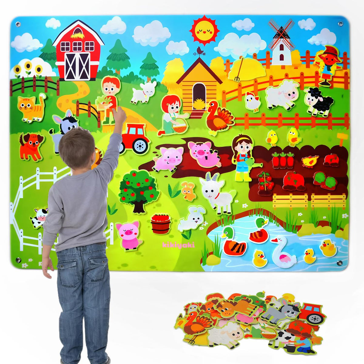Kikiyaki felt board farm animals: colorful play set for imaginative storytelling.