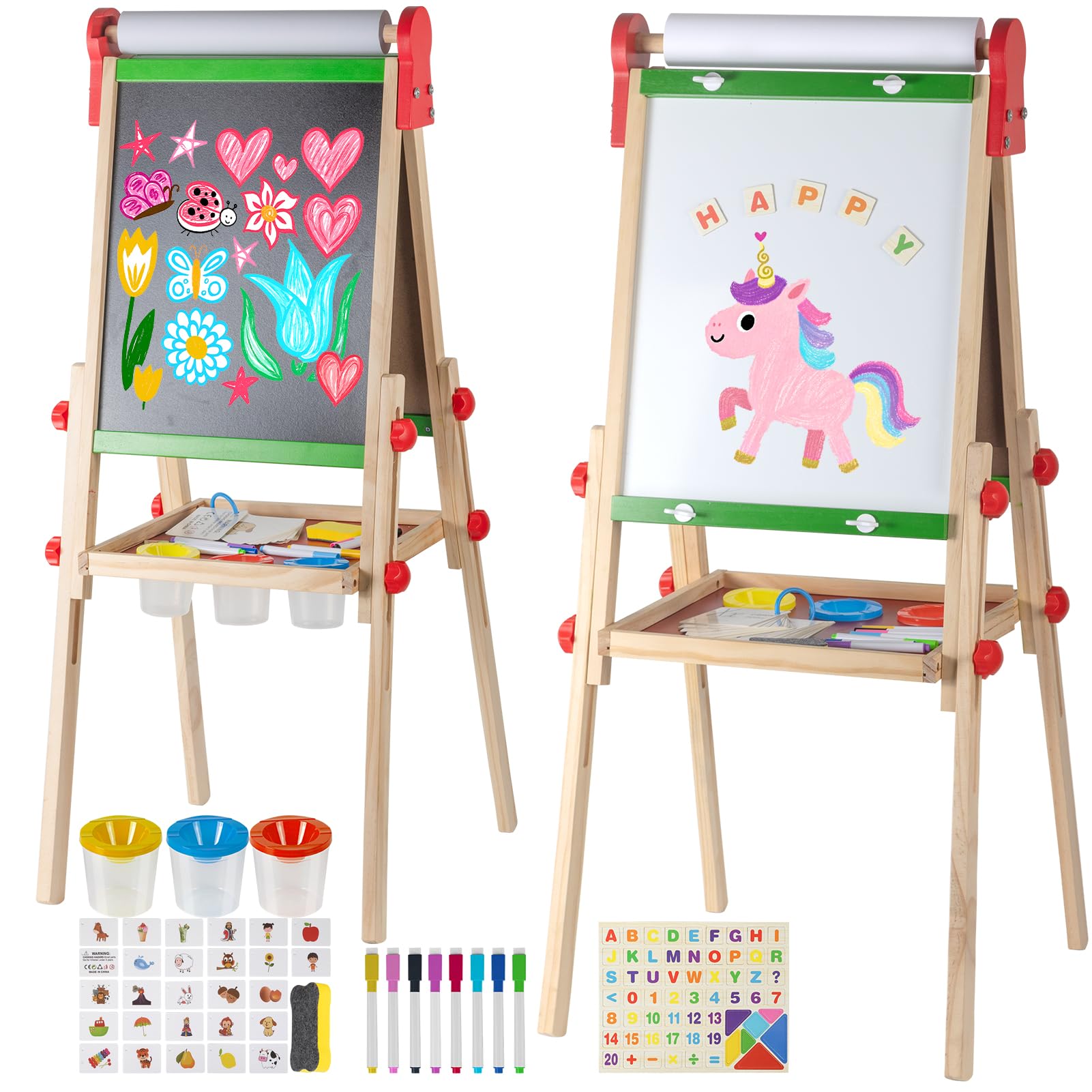 Kileubuto double-sided easel with magnetic board and chalk surface for versatile learning at home.