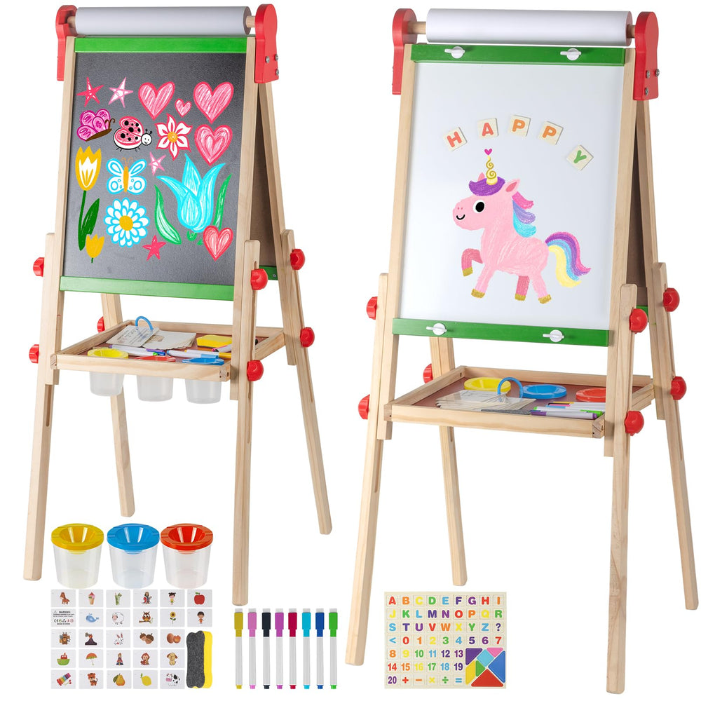 Kileubuto double-sided easel with magnetic board and chalk surface for versatile learning at home.