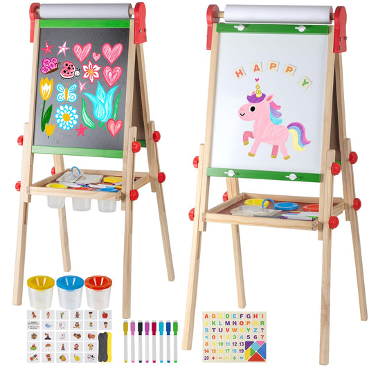 Kileubuto double-sided easel with magnetic board and chalk surface for versatile learning at home.