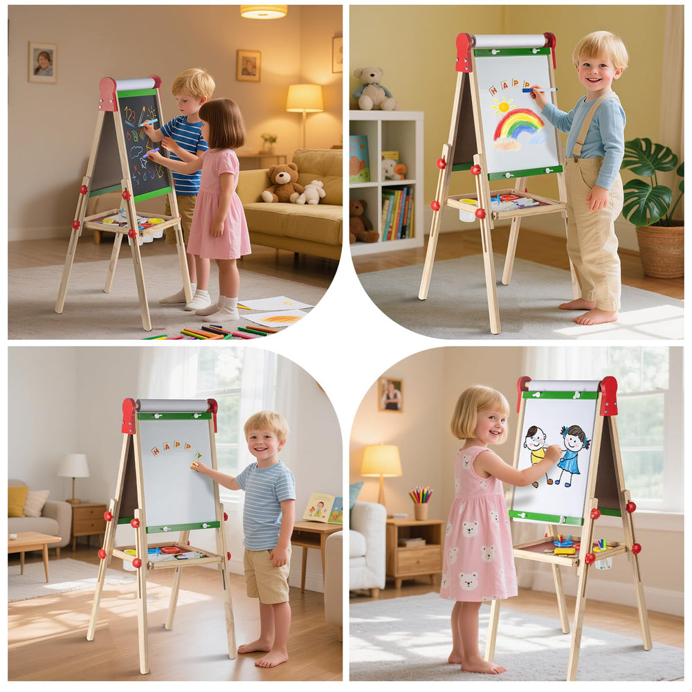 Kileubuto dual-surface whiteboard side on the easel for quick, erasable drawing.
