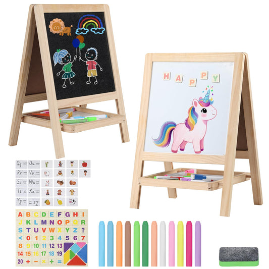 Kileubuto Tabletop Easel with chalkboard and whiteboard for creative learning at home.