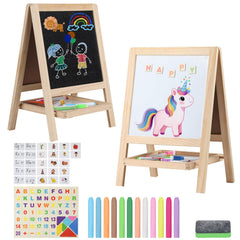 Kileubuto Tabletop Easel with chalkboard and whiteboard for creative learning at home.