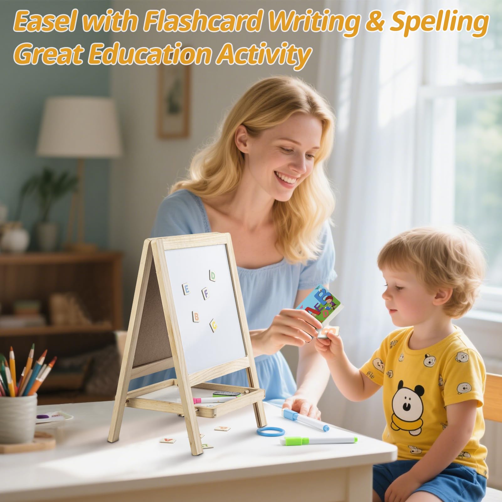 Vibrant dry-erase markers for quick, reusable worksheets on the whiteboard side.