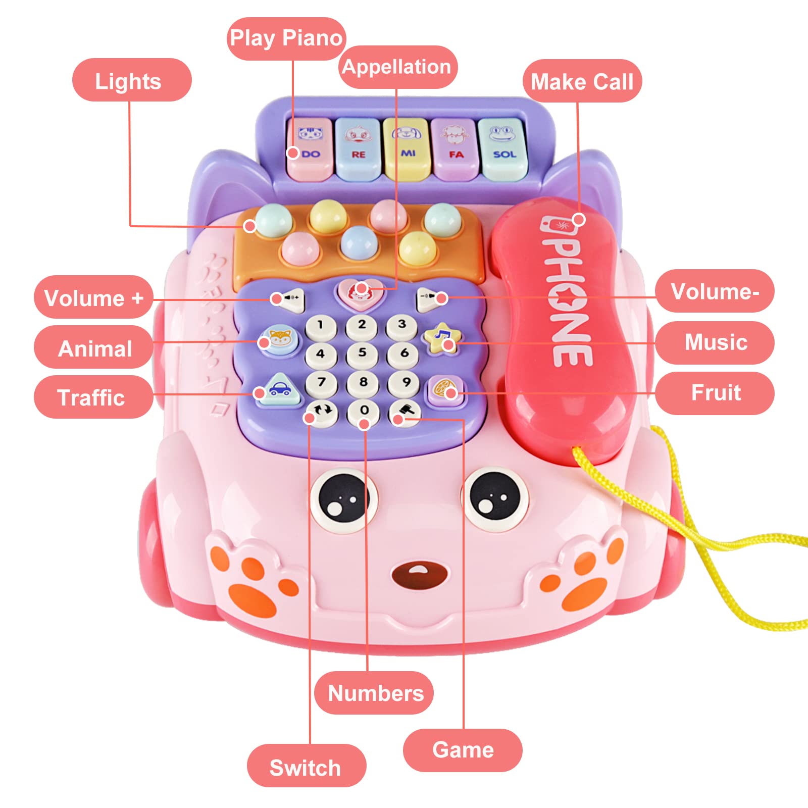 Kimery Baby Phone Toy shows tow rope for easy carrying and mobility.