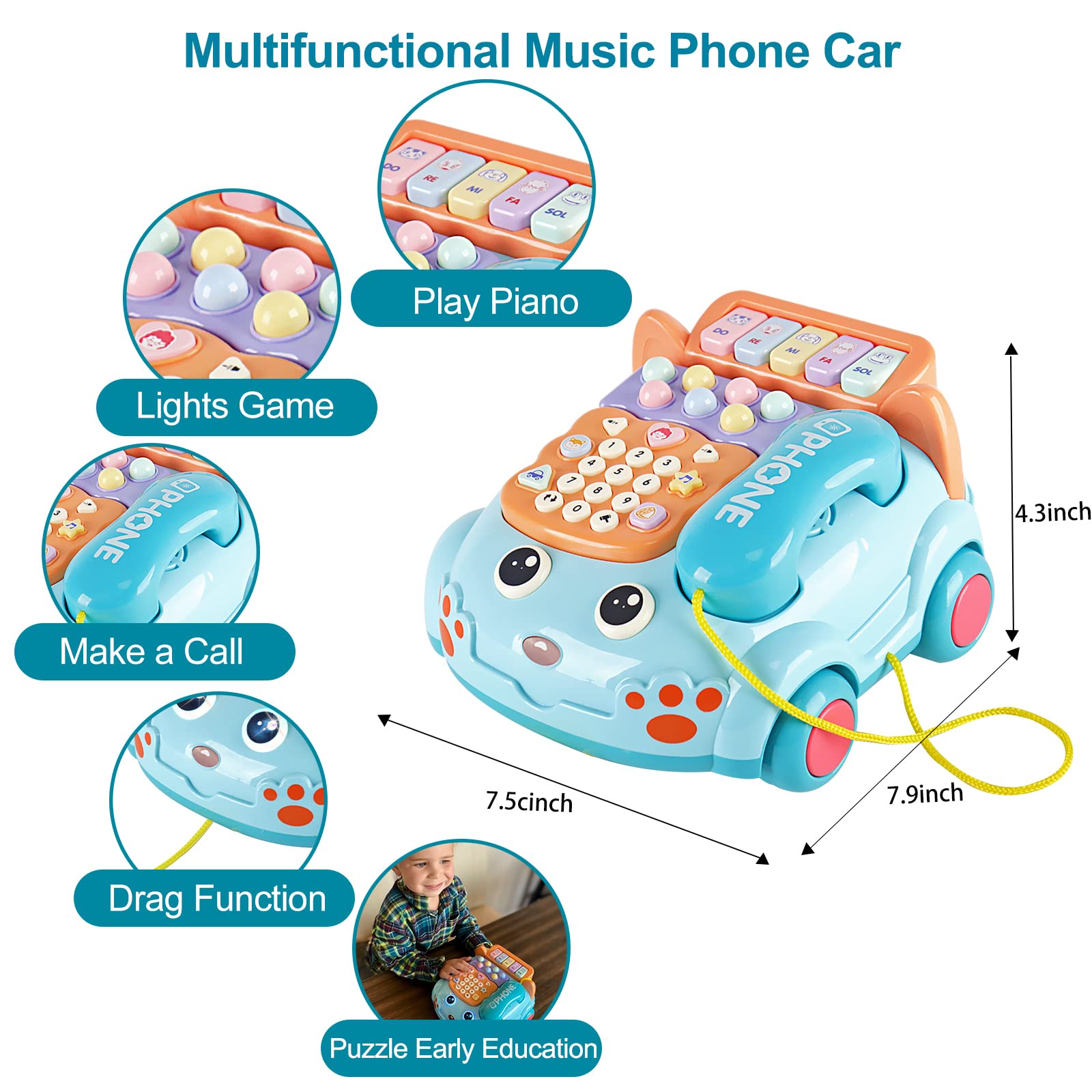 Kimery baby toy phone buttons close-up showing numbers and instruments for early learning.