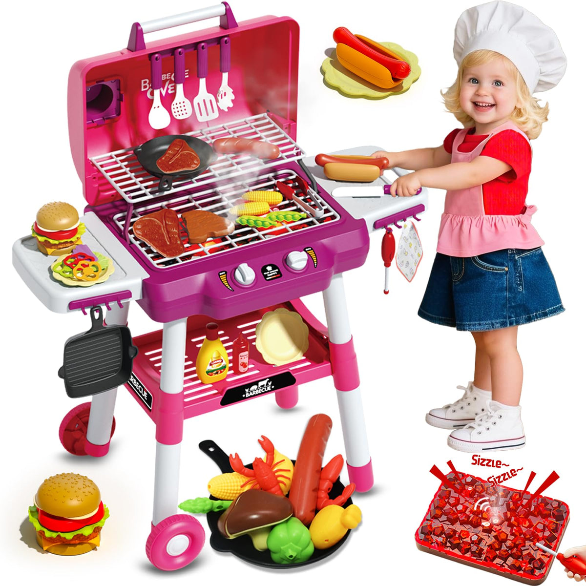 Kimicare kid toy grill cart pink for portable pretend play anywhere