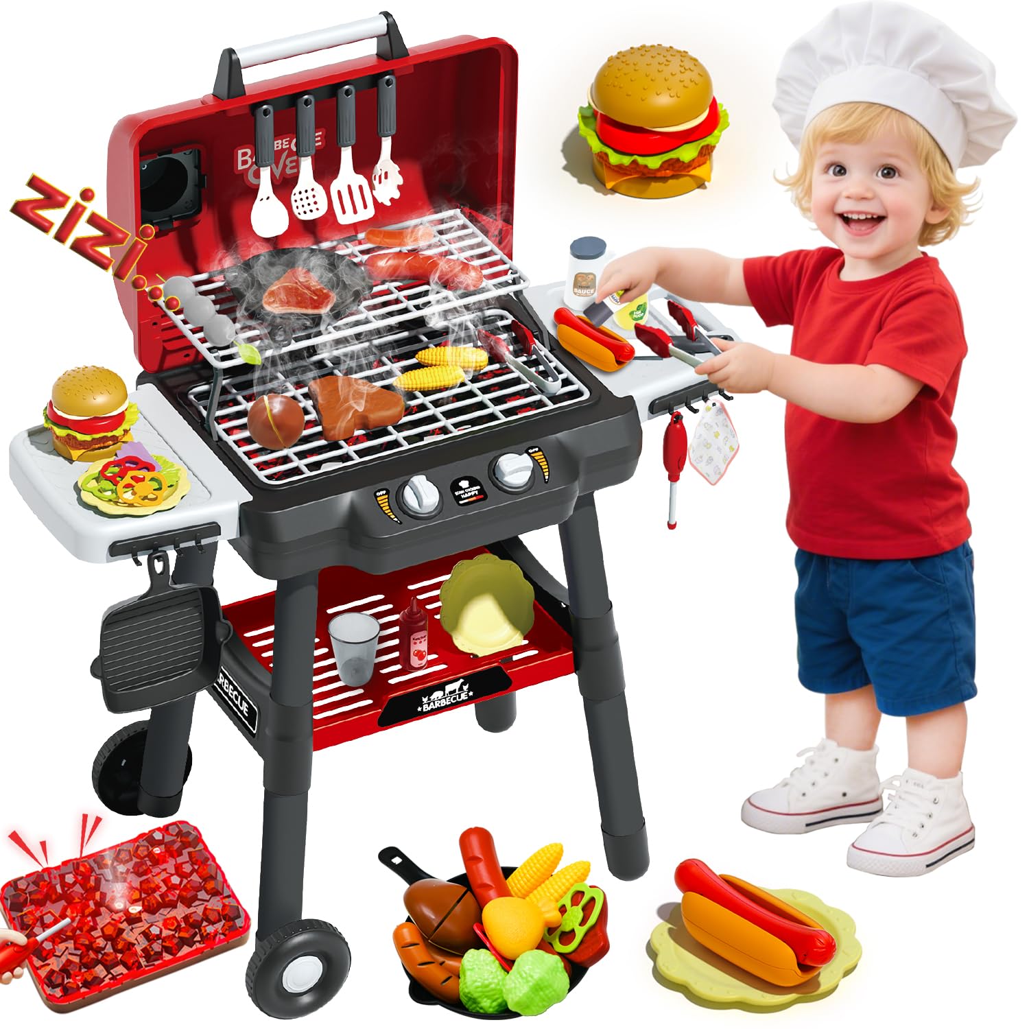 Kimicare Kids Grill Playset: double-layer grill for realistic pretend cooking fun.