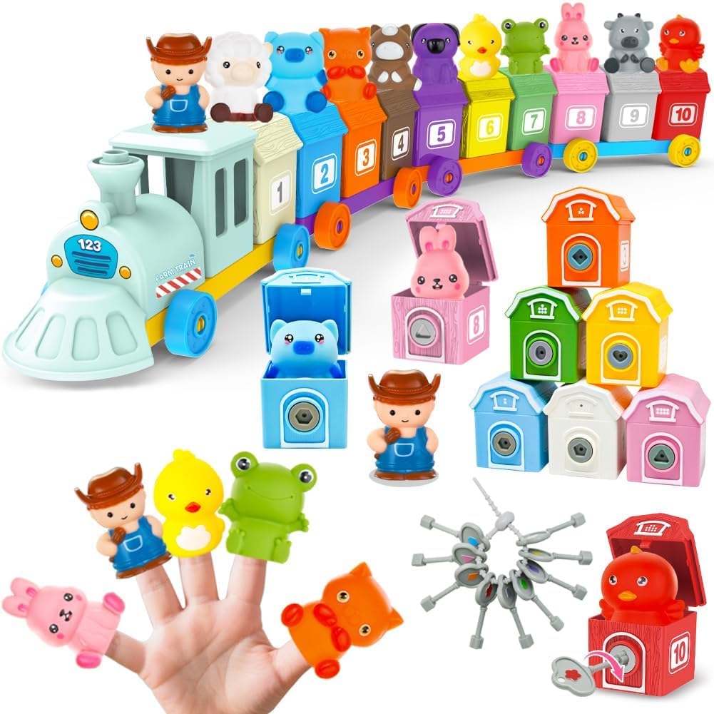 Kimicare Montessori barn train with colored barns and locks for early color and number play