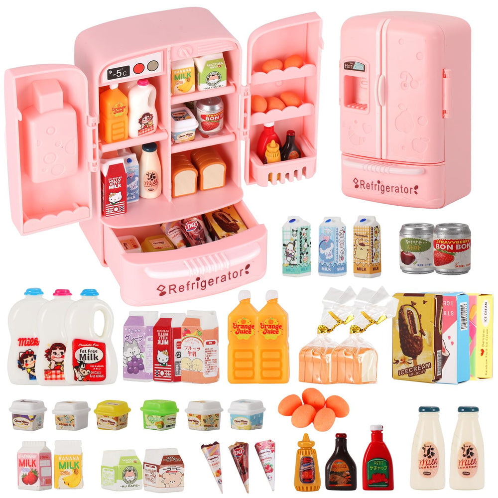 Kimo mini fridge interior shelves show perfect fit for realistic pretend groceries.