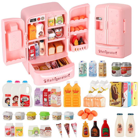 Kimo mini fridge interior shelves show perfect fit for realistic pretend groceries.