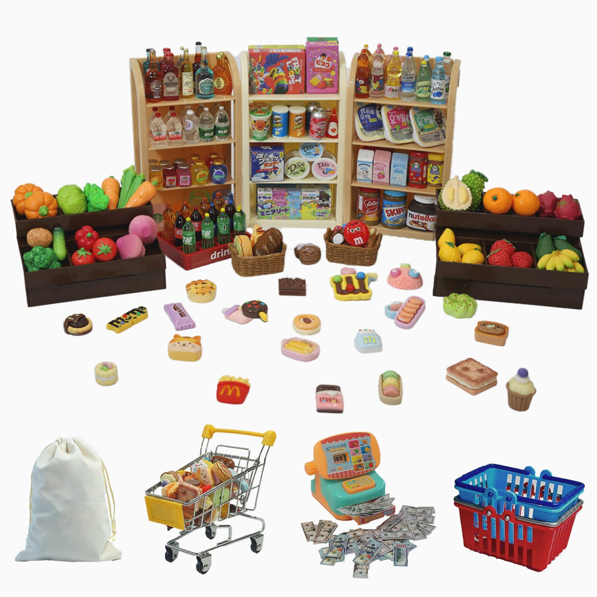 Kimo mini shopping cart playset enhances imaginative grocery role play.