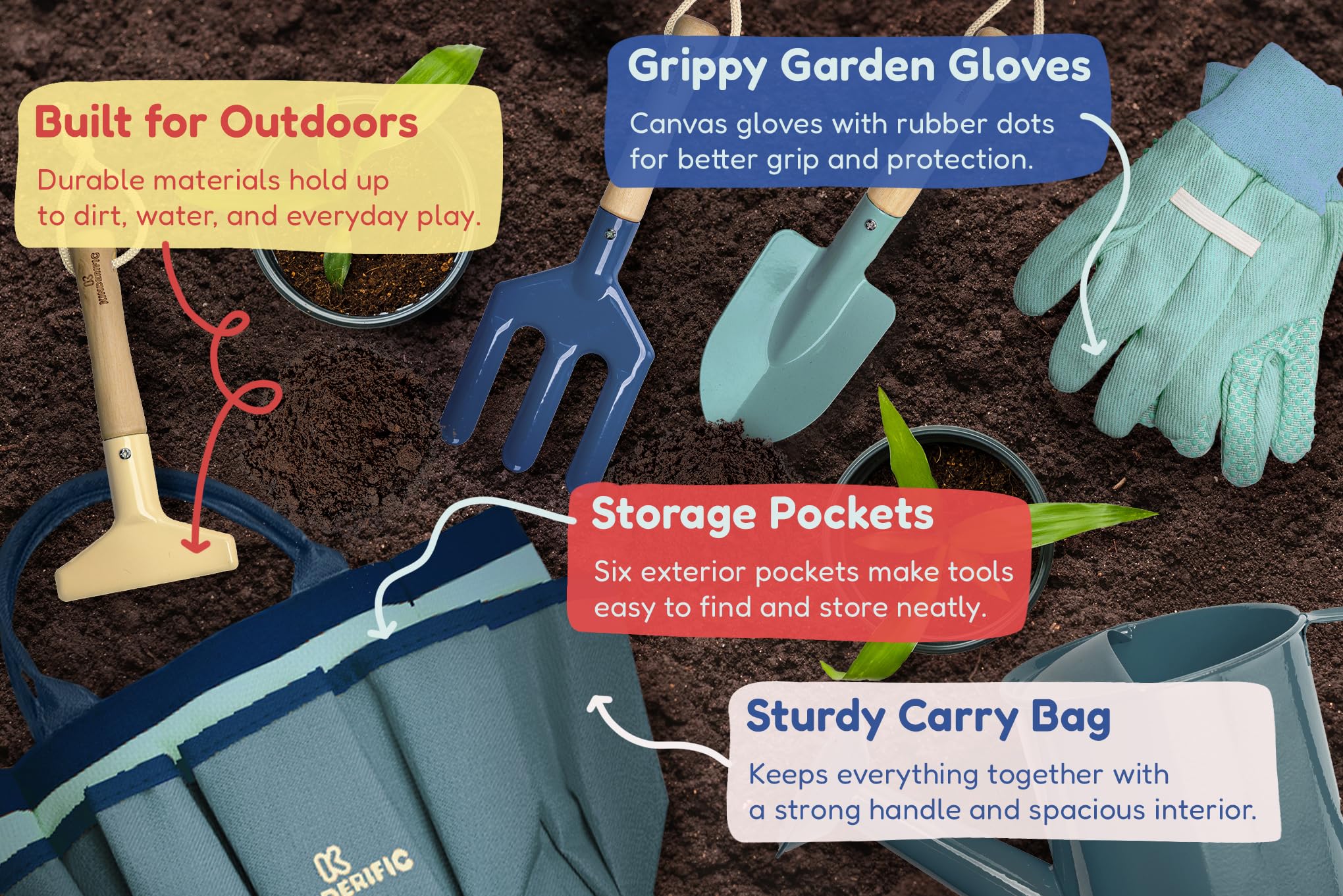 Kinderific kids-tools-rake offers a kid-sized tool for soil work.