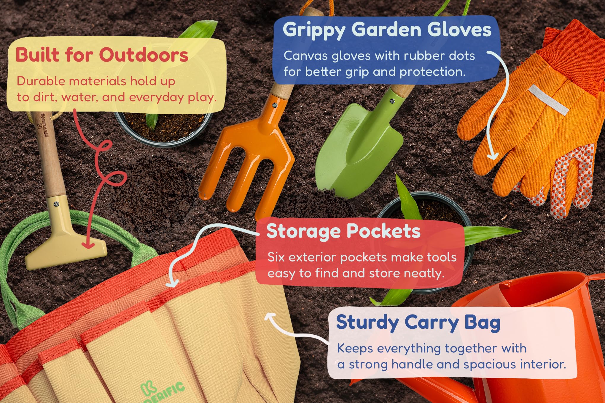Kinderific Sunshine fork aiding small hands in soil turning