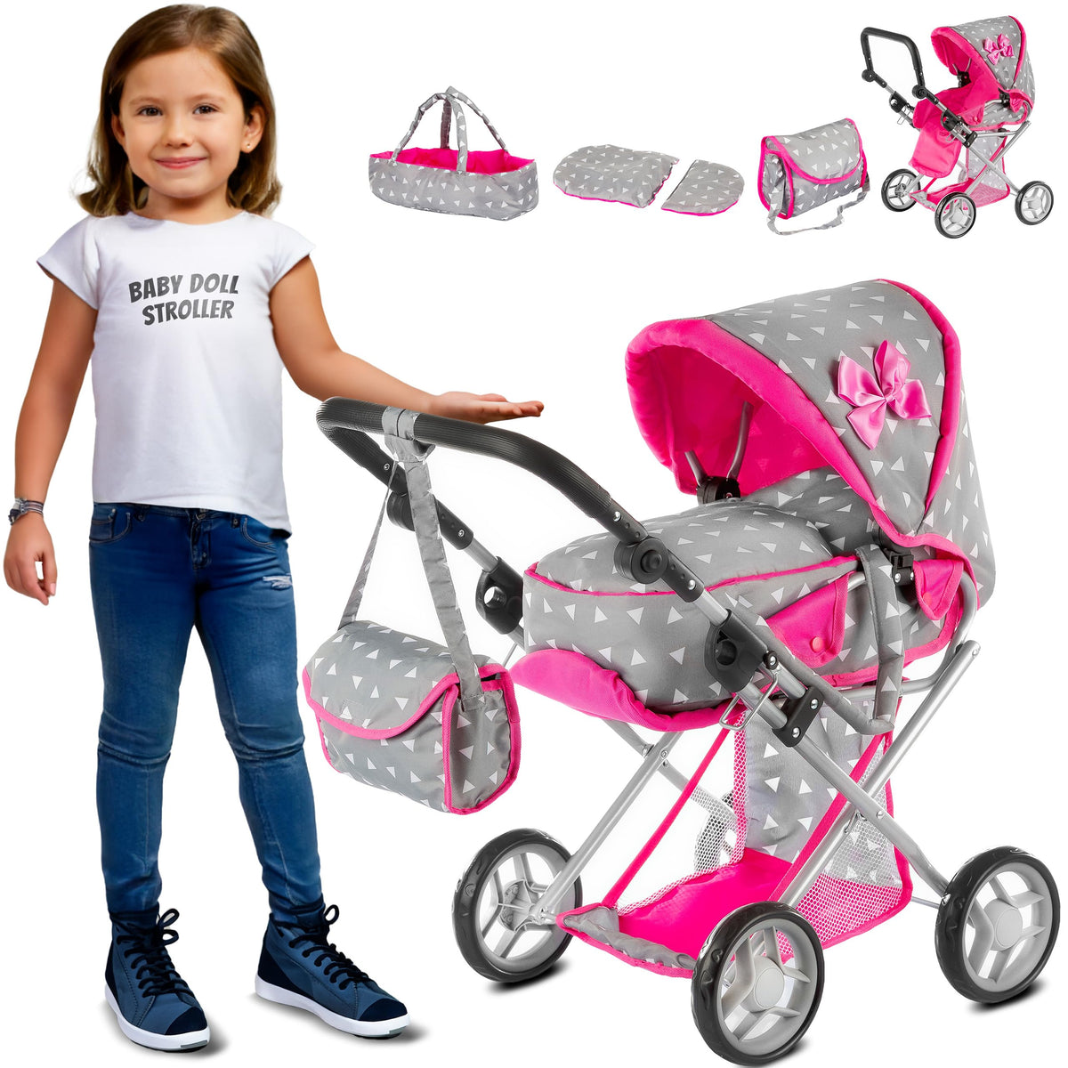 Kinderplay baby doll pram: versatile stroller for dolls up to 15.75 inches.